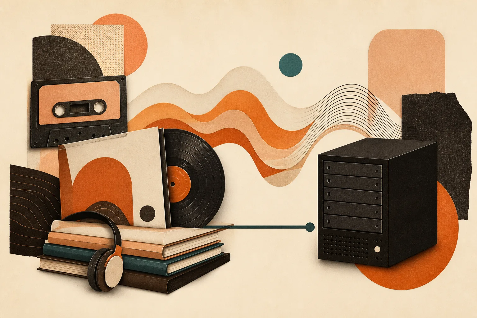 Grafische Collage aus Kassette, Klangwellen, Medienbibliothek und eigenem Server