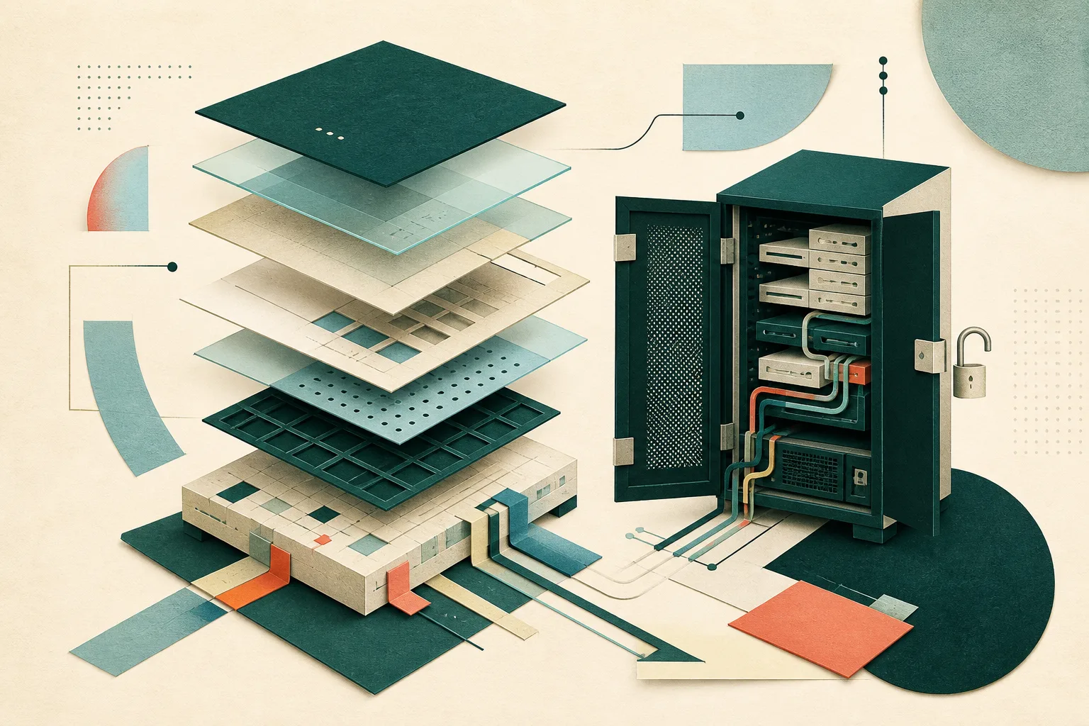 Grafische Collage aus geöffneten und nachvollziehbaren Softwareschichten