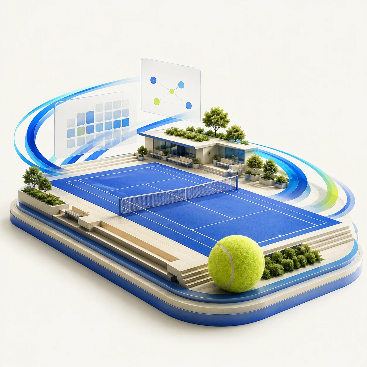 Räumliche Tennisclub-Szene in Racqt-Blau und Türkis mit limettengrünem Ball, Kalender und verbundenen Mitgliedern