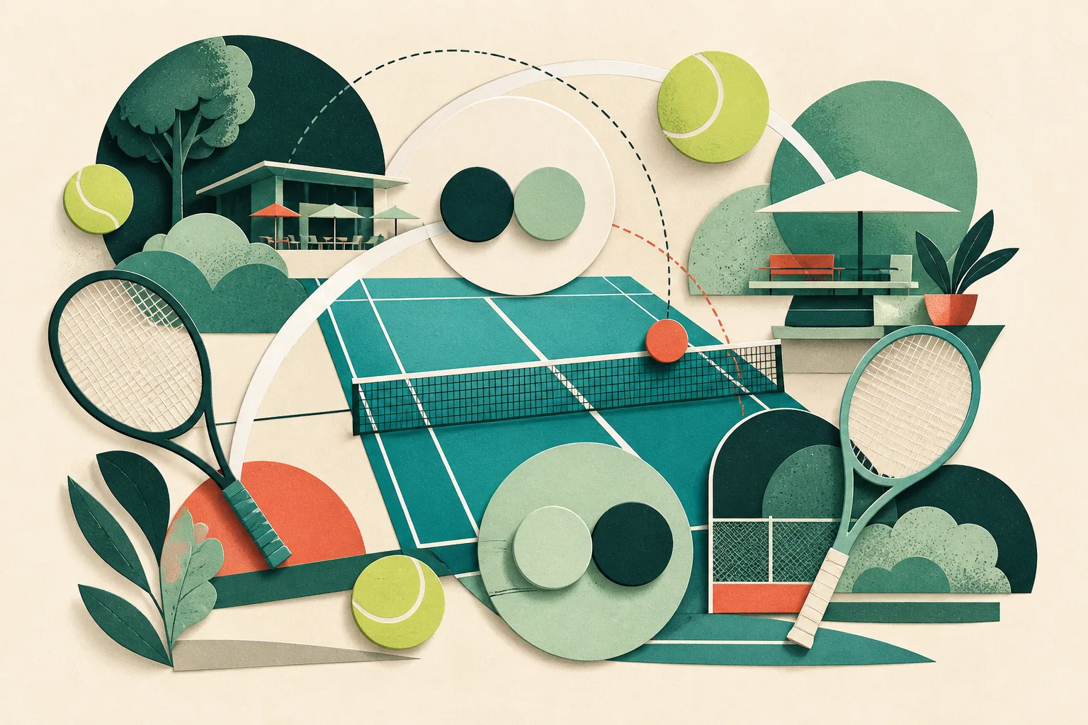 Grafische Collage aus Tennisplatz, Ballbahnen und verbundenen Spielfeldern