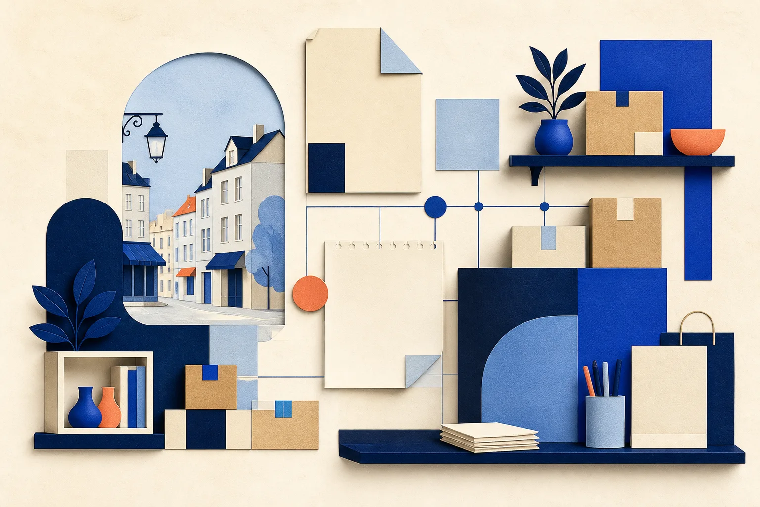 Grafische Collage aus Shop, Paketen und einem geordneten Warenraster
